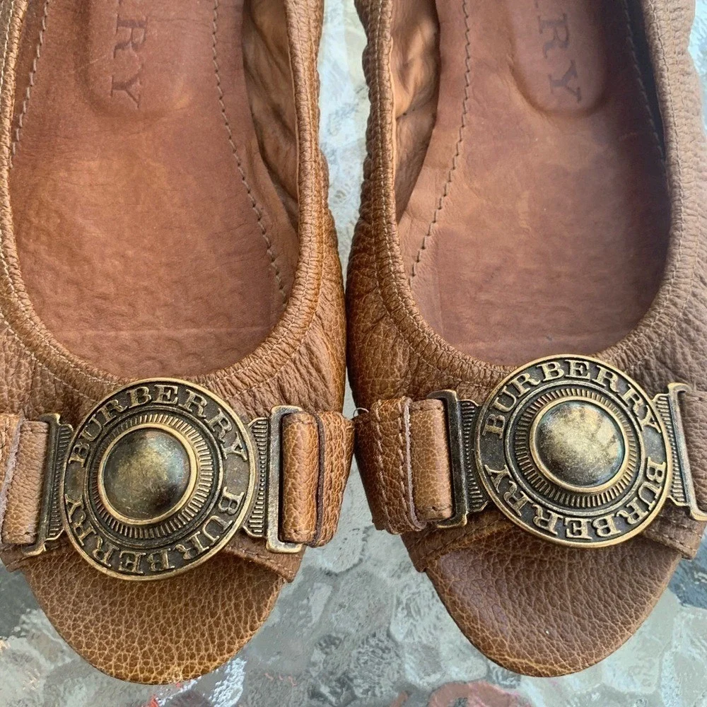 Burberry luxury‎ Leather Medallion Peep Toe flats loafers vintage shoes